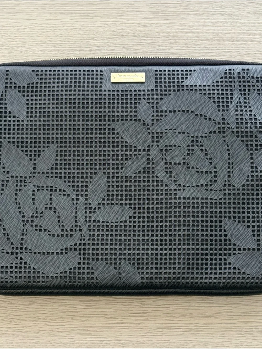 kate spade Black Floral Perforated Laptop Sleeve with Gold Logo